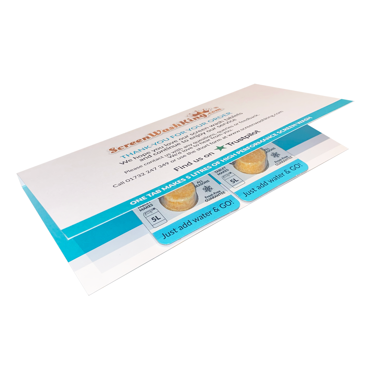 Close up of inner pack card containing two screen wash tablets