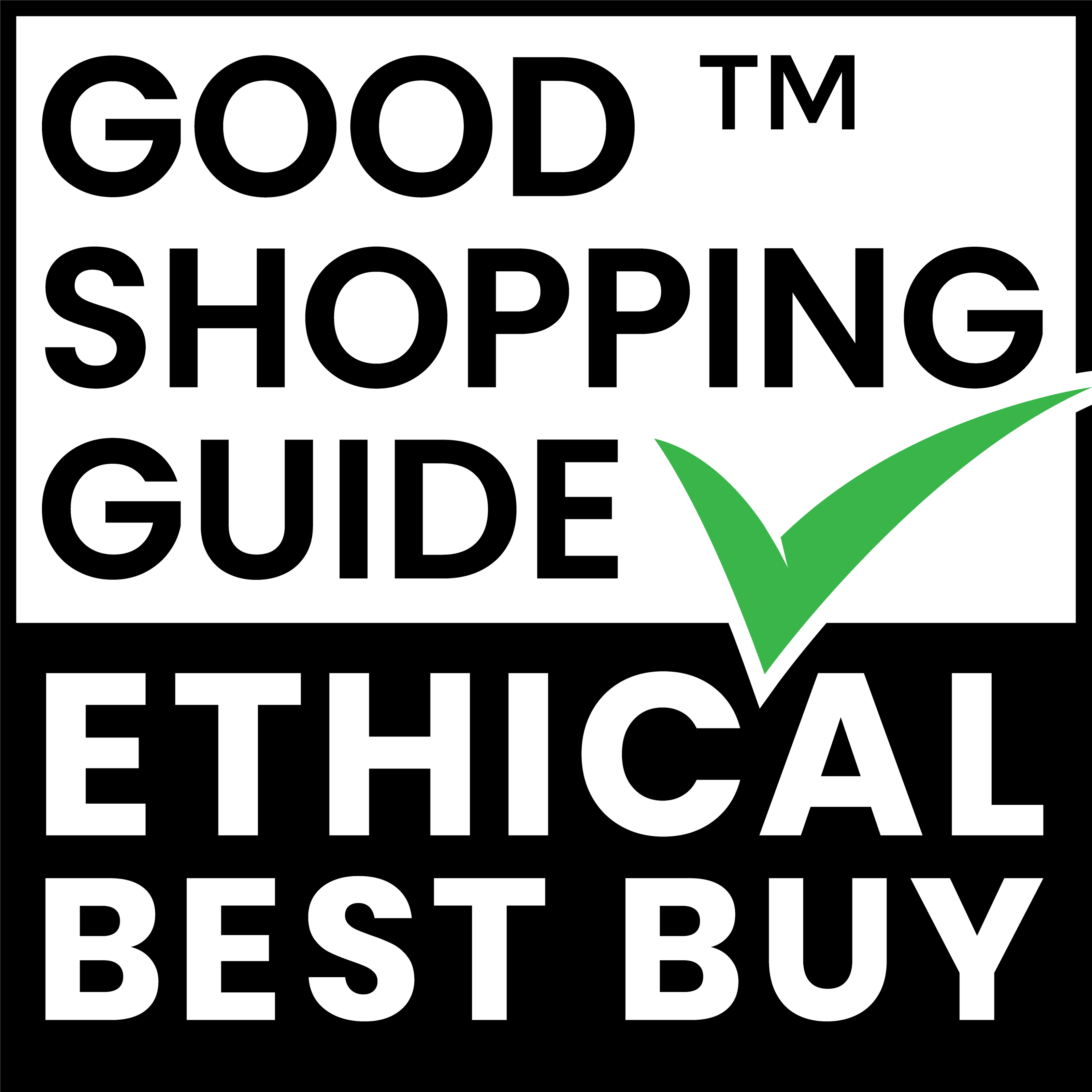 Logo for 'Good Shopping Guide Ethical Best Buy' with a green check mark on a white background.