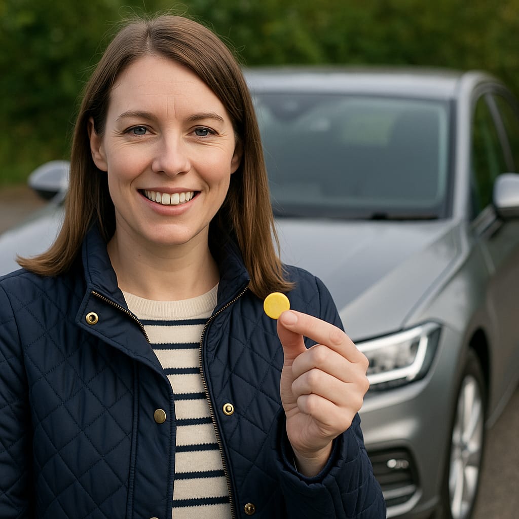 Smiling woman holding a yellow coin-shaped object in front of a silver car