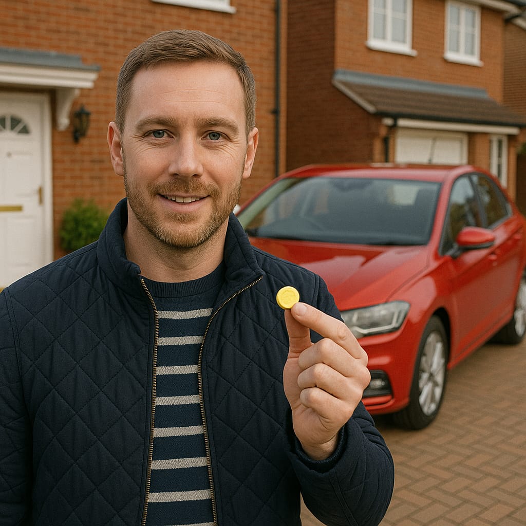 Man holding a small yellow object in front of a red car
