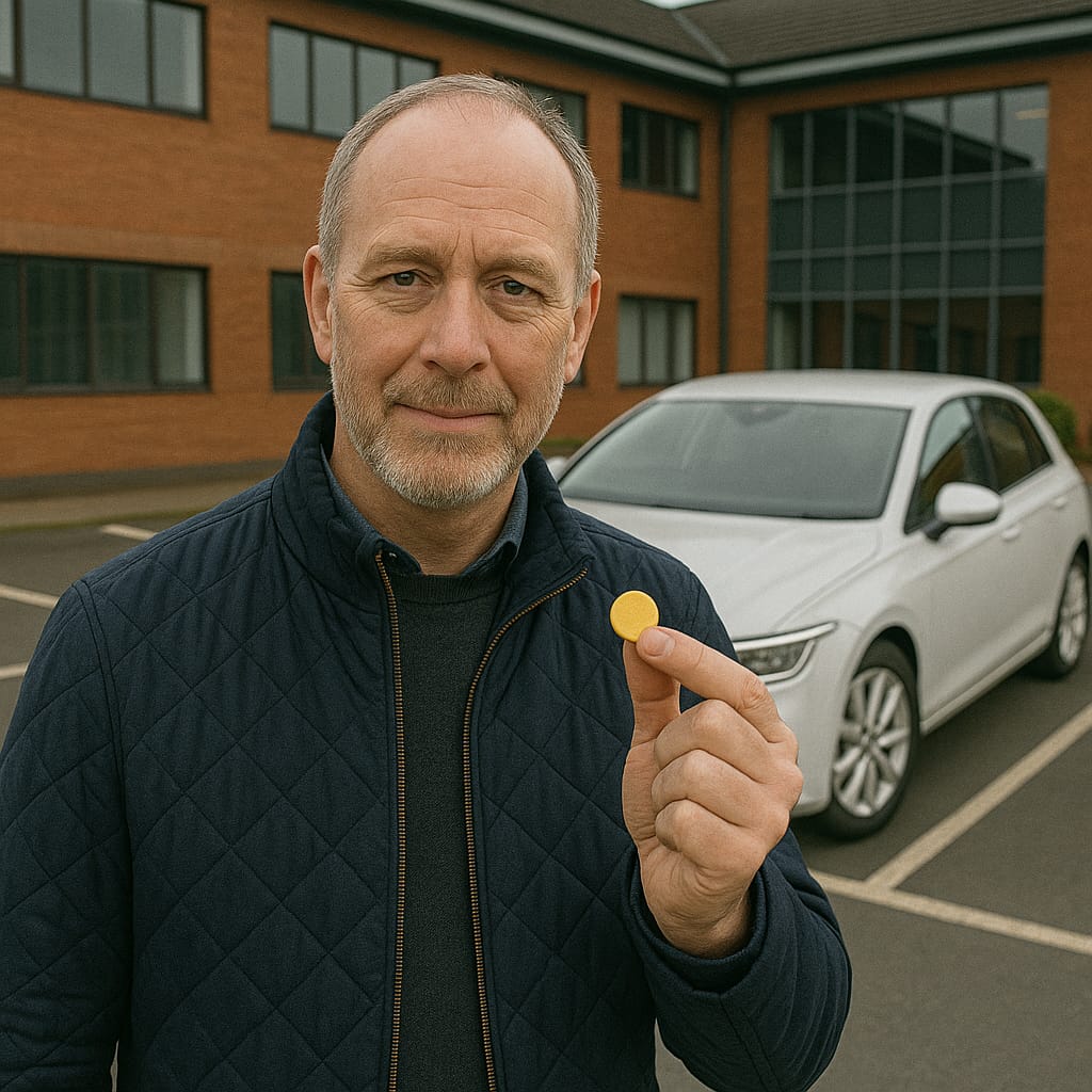 Man holding a small yellow object in front of a building with a car in the background