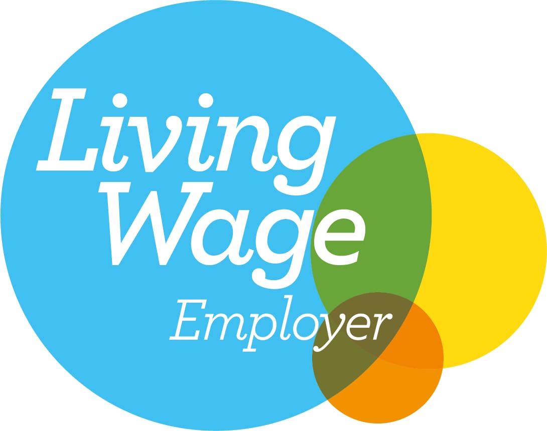 Living Wage Employer logo with a blue circle and colorful overlapping circles on a white background