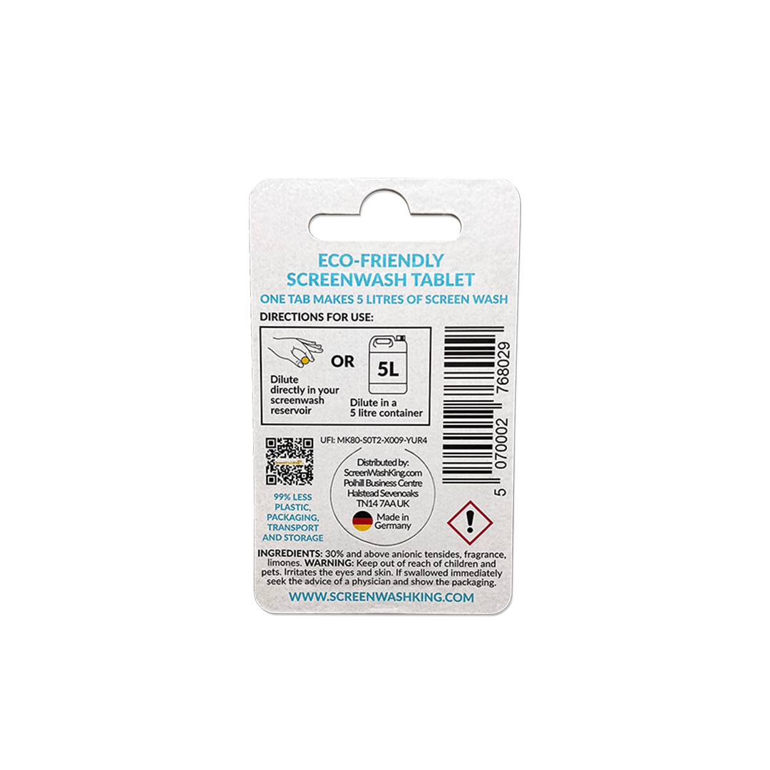 Back view of single screen wash tablet in retail packaging