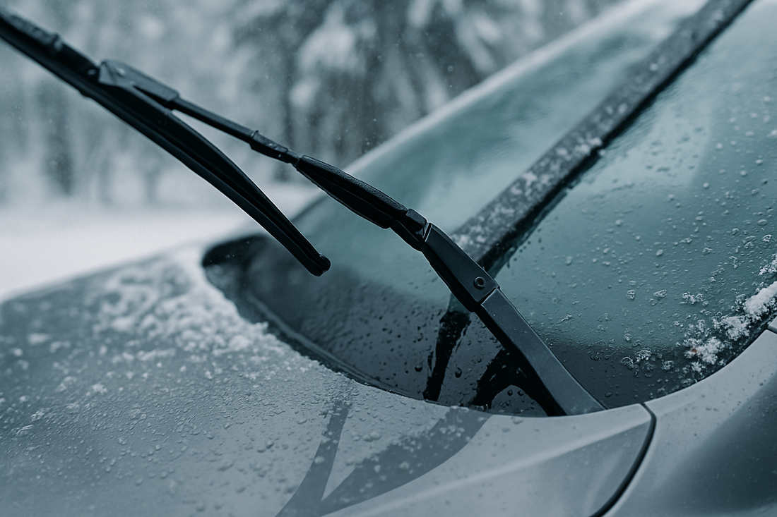 Car windscreen wipers clearing ice and snow in winter conditions