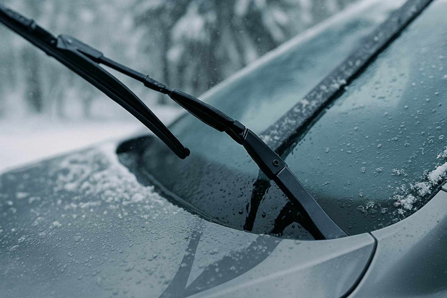 Car windscreen wipers clearing ice and snow in winter conditions