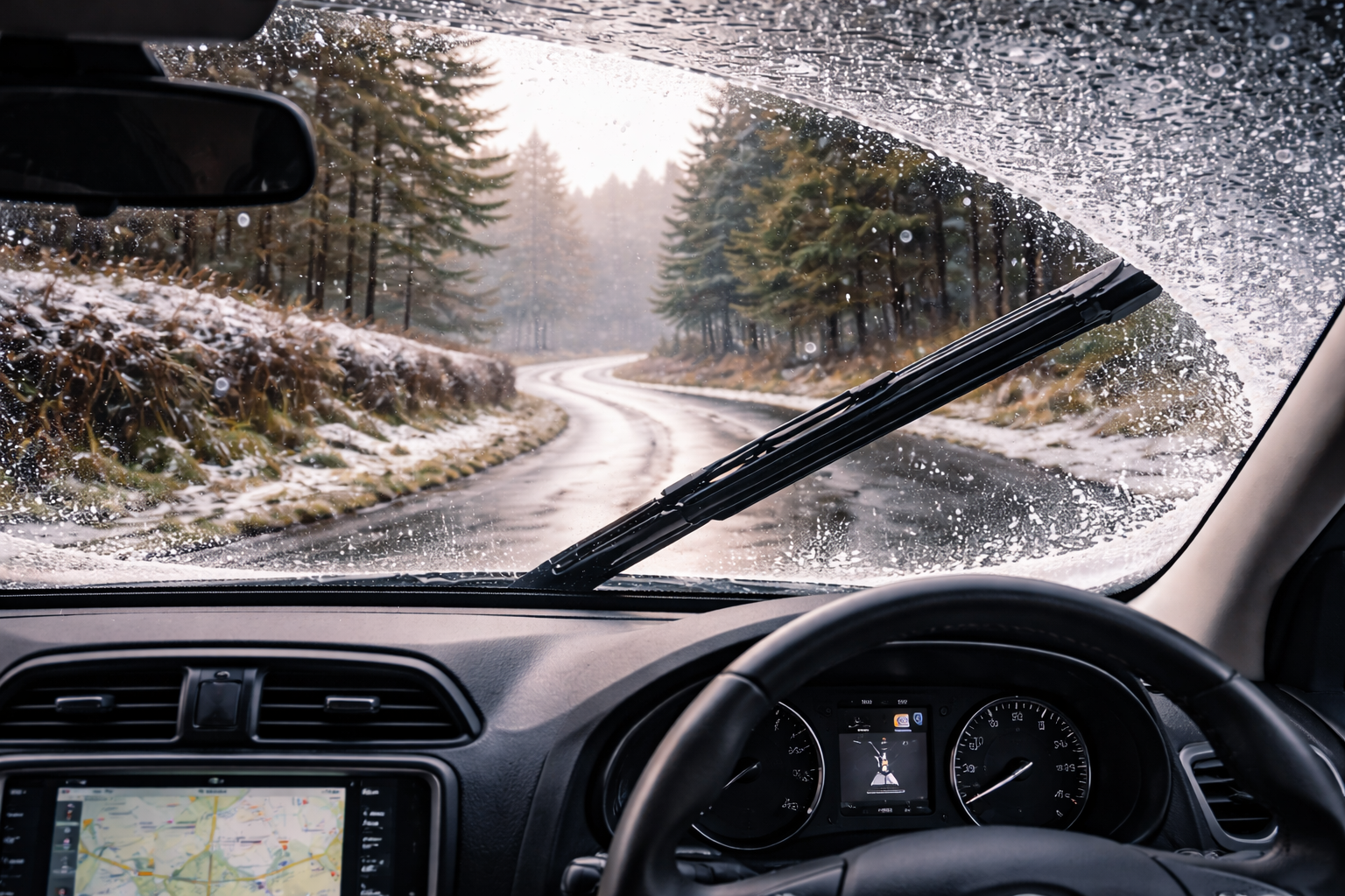 Car windscreen wipers clearing rain on winter road