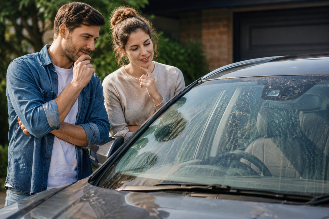 Couple inspecting dirty car windscreen before cleaning with screenwash
