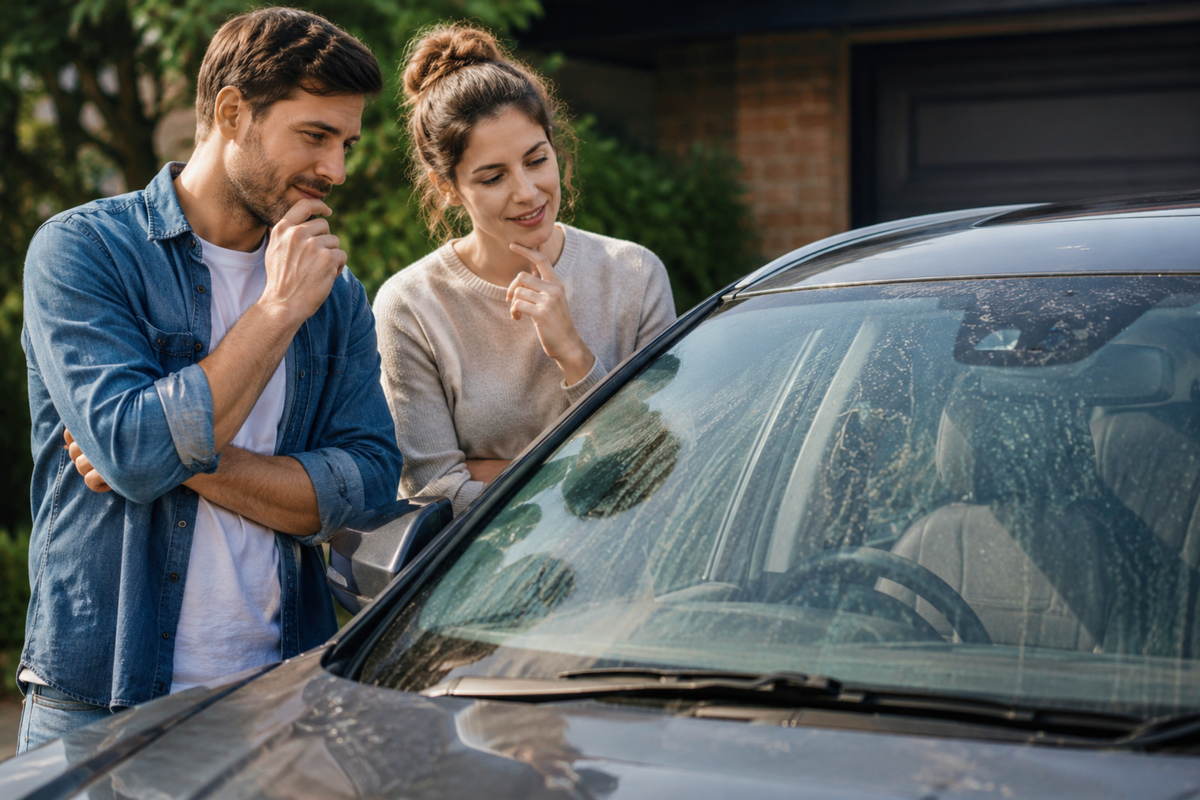 Couple inspecting dirty car windscreen before cleaning with screenwash