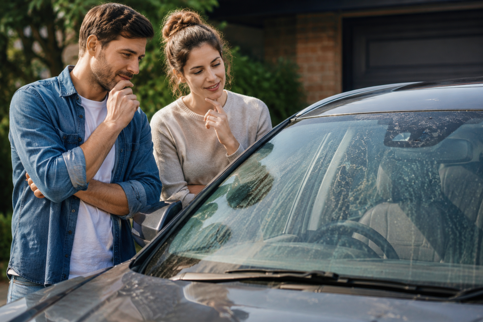 Couple inspecting dirty car windscreen before cleaning with screenwash