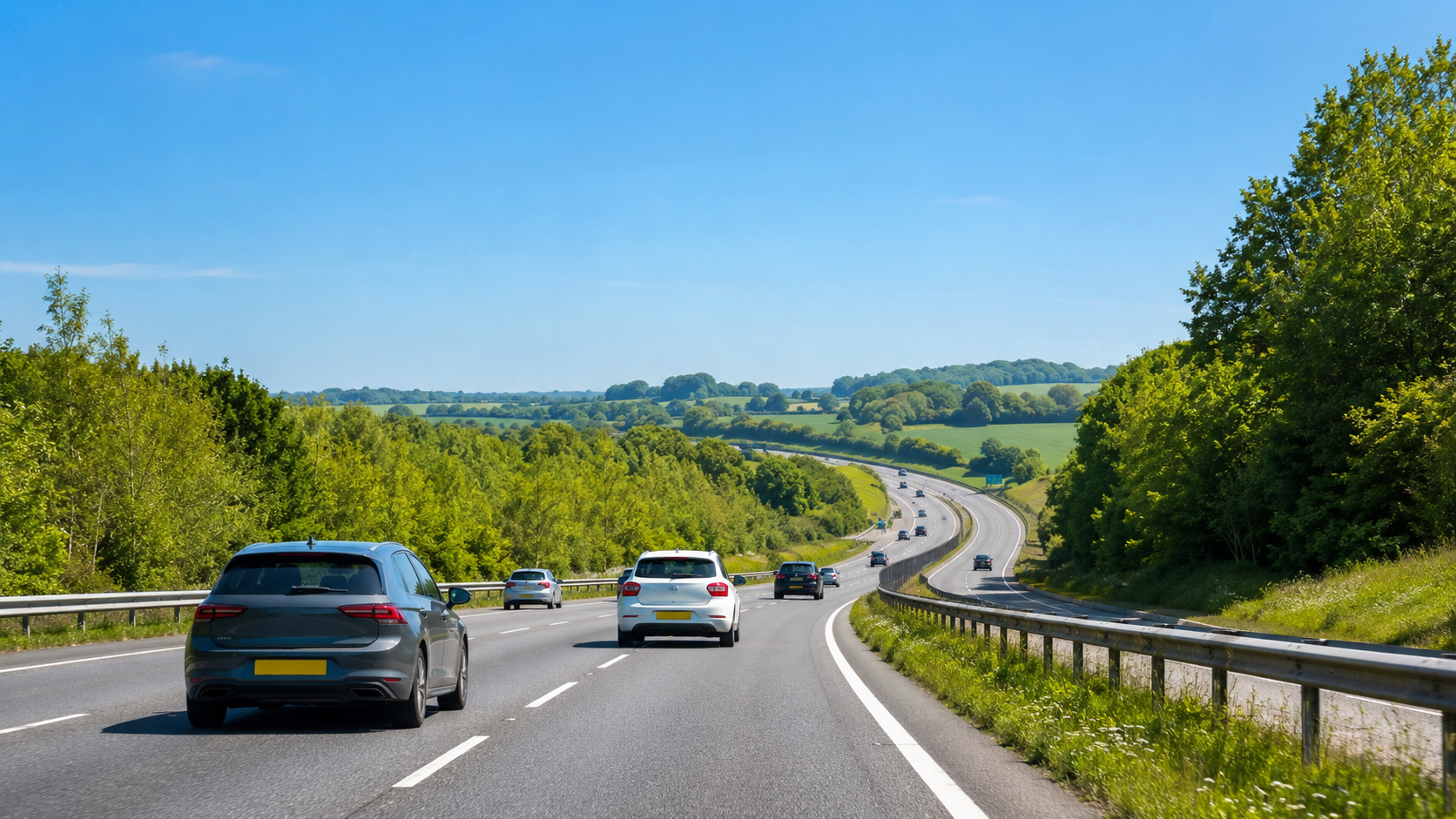 Cars driving along a UK motorway through green countryside