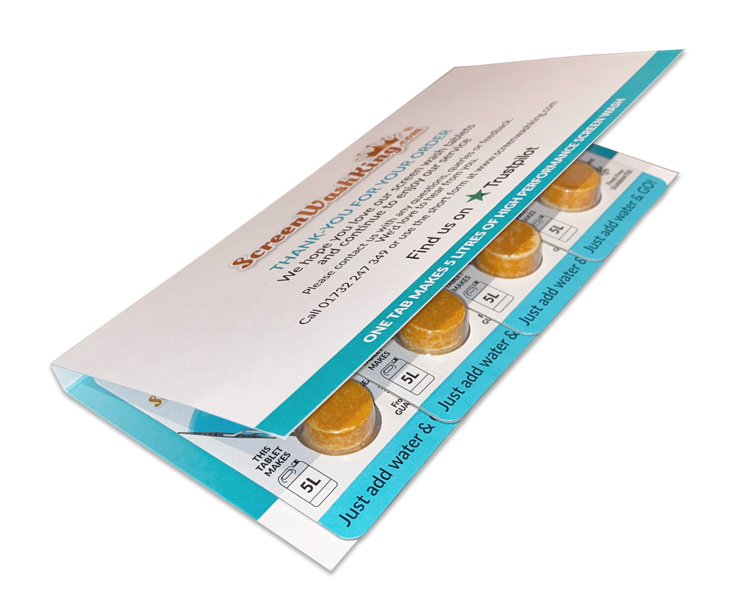 Close-up of a card packaging containing four car screen wash tablets