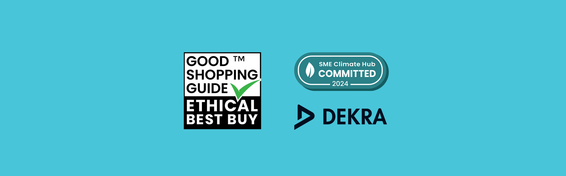 Dekra logo, SME C|limate Hub Committed logo, Good Shopping Guide Ethical Best Buy logo